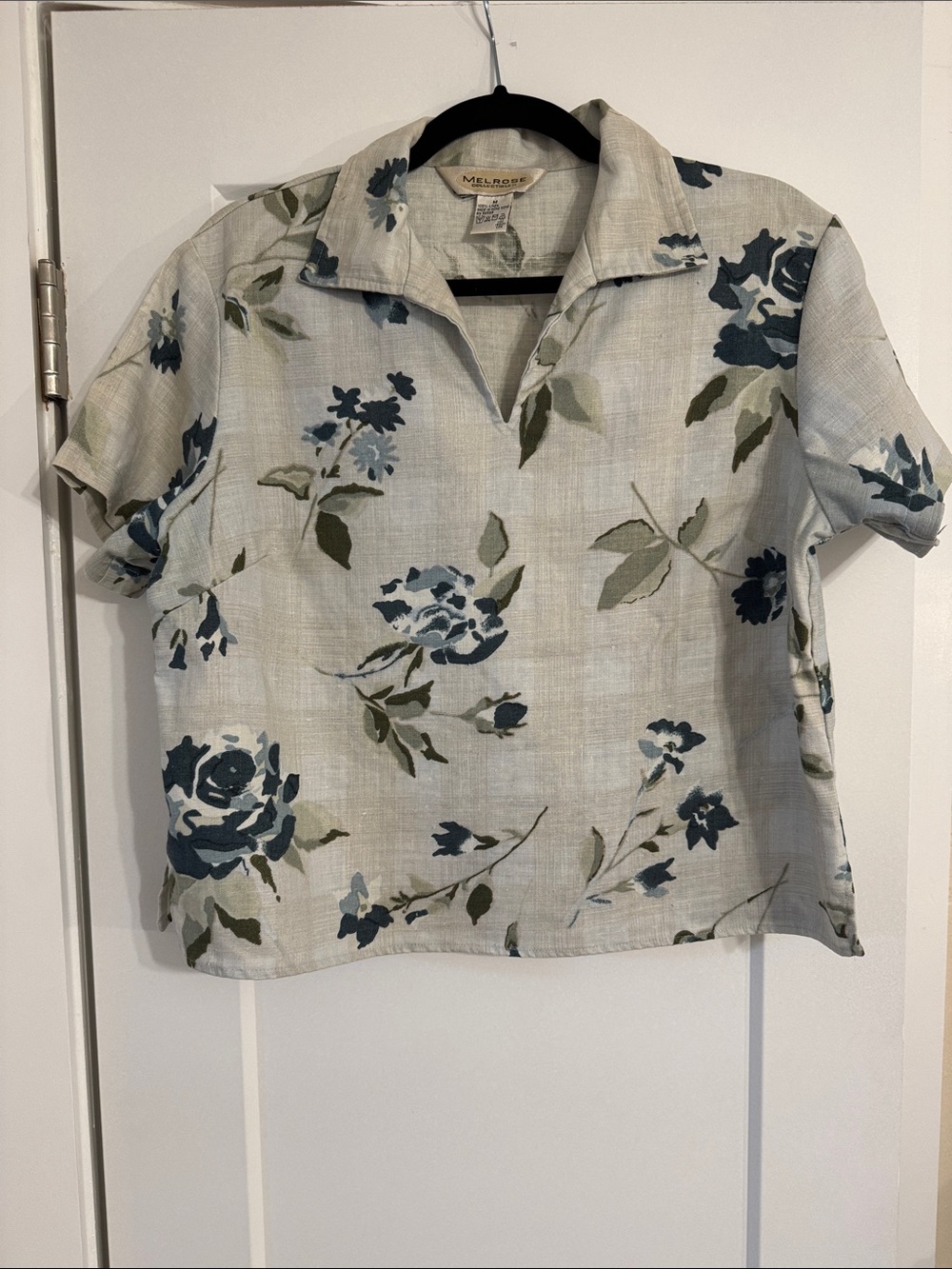 VTG 80s Floral Short Sleeve Cropped Blouse Blue Green 100% Linen Relaxed‎ Collar